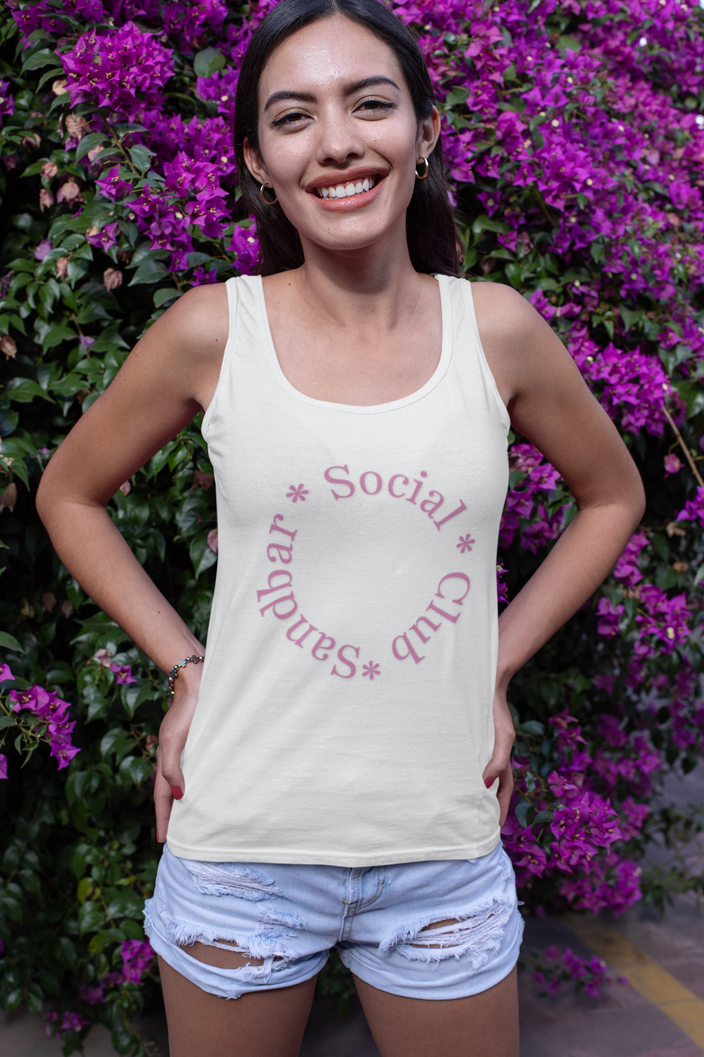 Women Micro Rib Racer Tank with Retro Pink Logo