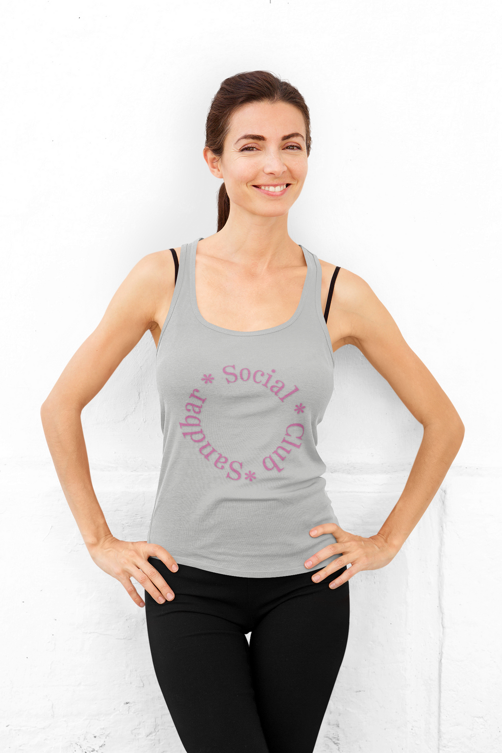 Women Micro Rib Racer Tank with Retro Pink Logo
